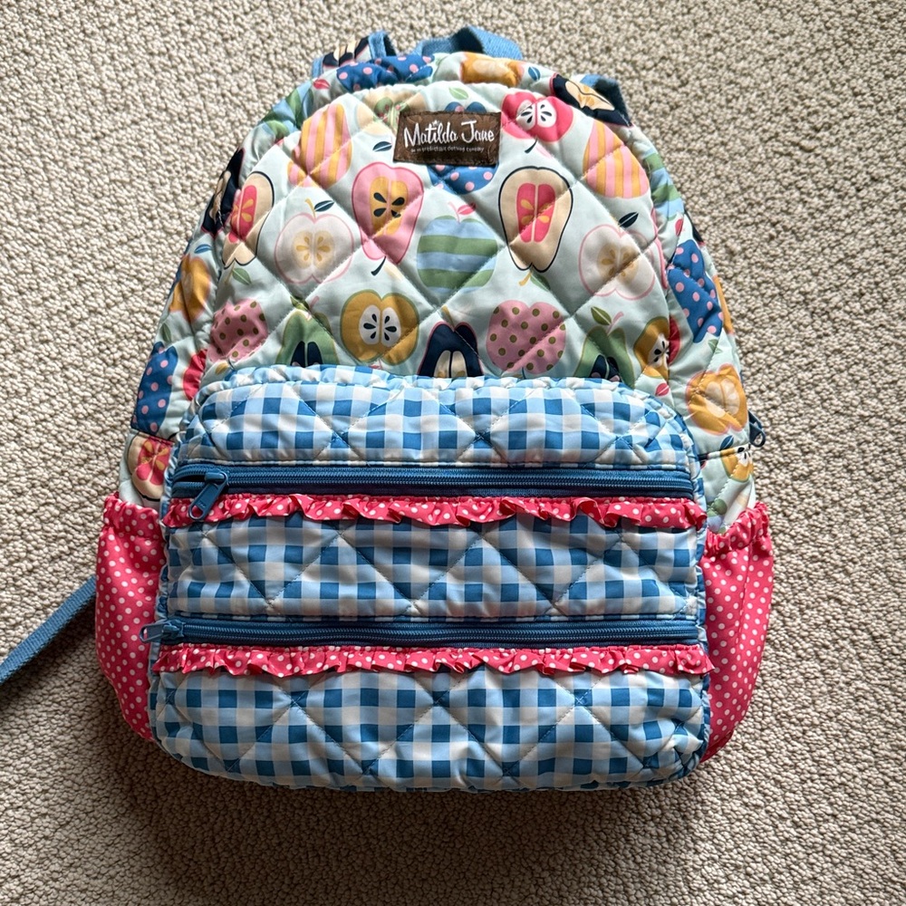 Matilda Jane Quilted Kids Backpack in Blue Gingham with Pink & Multi Fruit Print